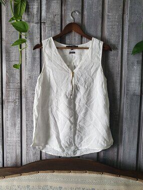 White Pure Linen Zipper Tank Top M Sleeveless Blouse Harve Benard